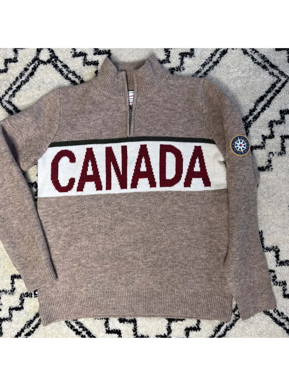 Men's Quarter Zip Canadiana Sweater in Taupe with Red Lettering Size Medium